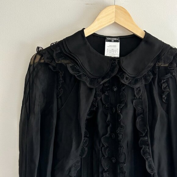 CHANEL BLACK SILK RUFFLE BLOUSE - Picture 8 of 15